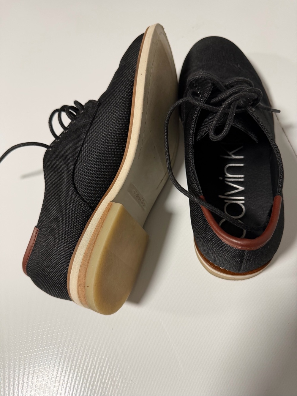 Calvin Klein Black Canvas Derby Shoes with Brown Heel Trim